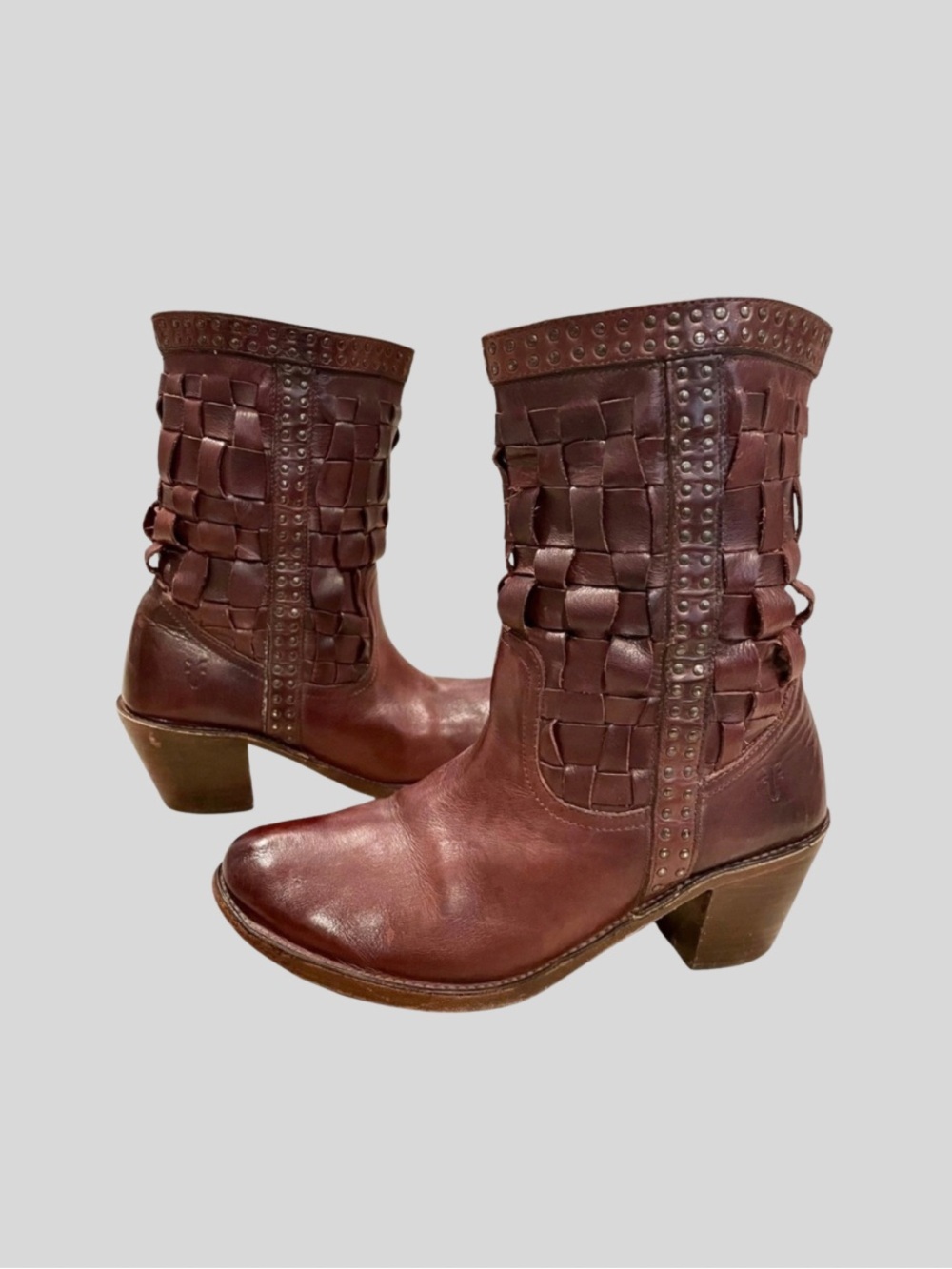 Frye Women's Brown Woven Leather Mid-Calf Bohemian Heeled Boots